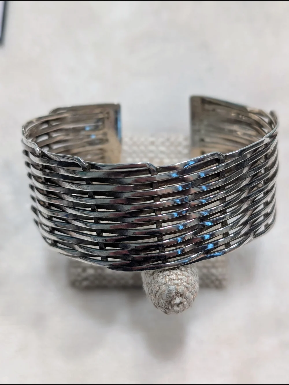 Wide Woven Metal Cuff Bracelet in Silver Tone